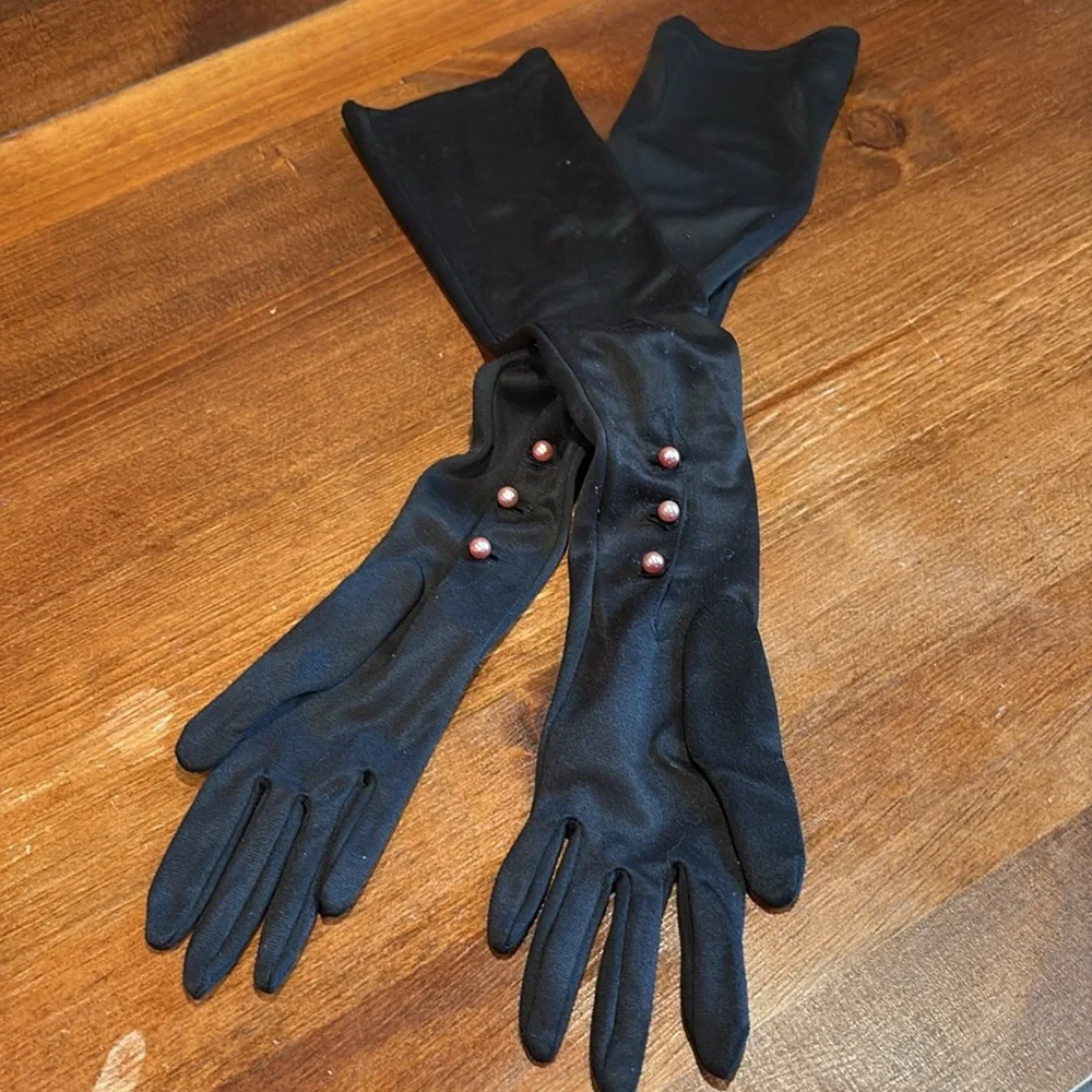 Elegant long Black Opera Gloves vintage 50s pink pearl buttons sz 6 - 7